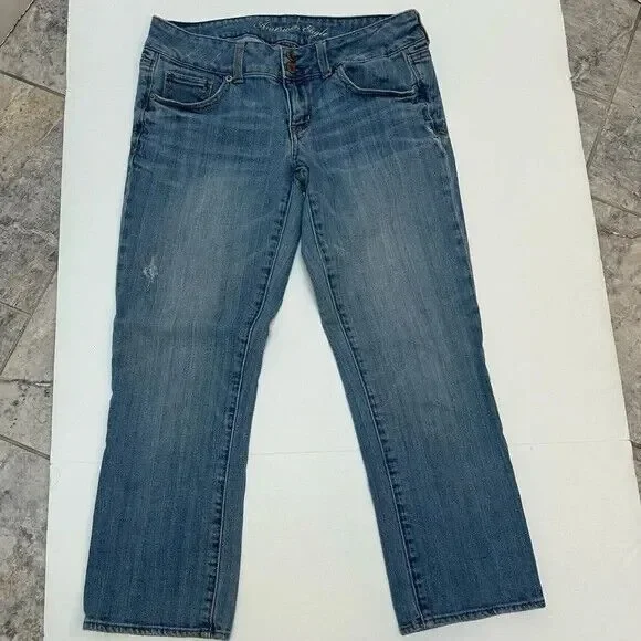 American Eagle Stretch Artist Crop Light Wash Distressed Jeans size 8 - Picture 1 of 5